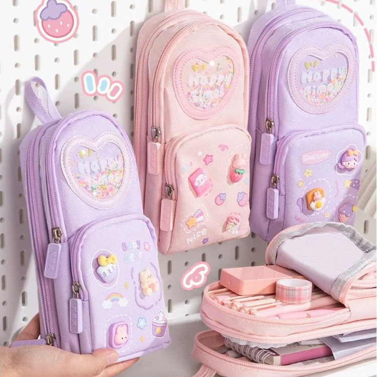 Estojo Escolar de Lápis de Tecido Com Apliques 3D Alto Relevo Com Três Divisórias Portátil Feminino em Oferta na Shopee