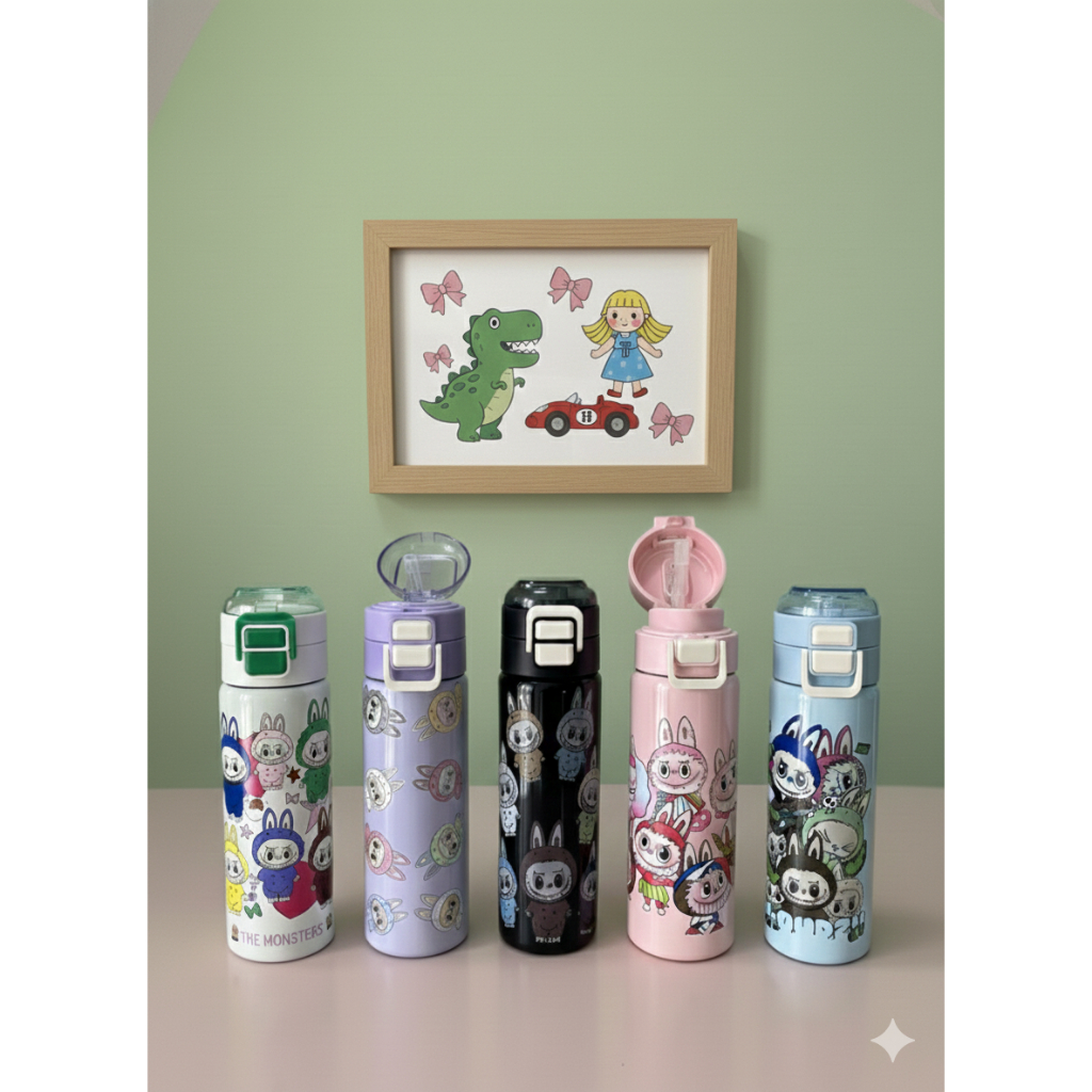 Garrafa Térmica de Água Infantil 500ml Inox com Personagens Fofos, Bico Duplo, Trava e Alça Confort