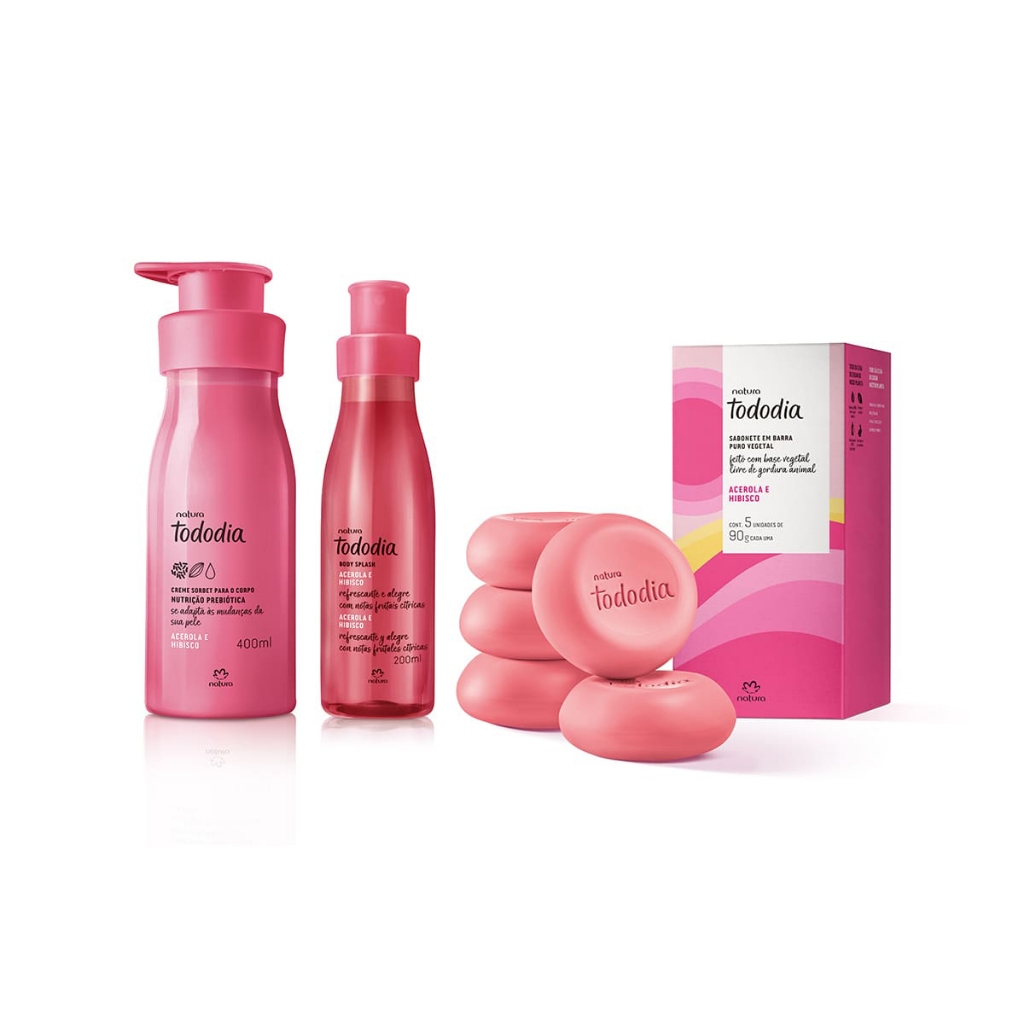 Kit Tododia Acerola e Hibisco Sabonete Hidratante Body Splash Limpa Hidrata e Perfuma Verão 2026 Férias Refrescante