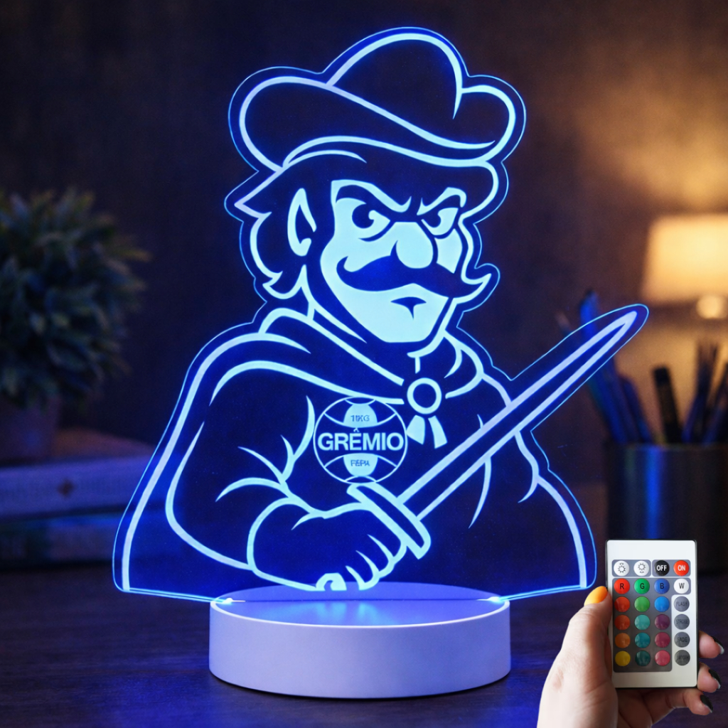 Luminária Grêmio Mosqueteiro Mascote Abajur Mascote Decoração Futebol Time LED 3D