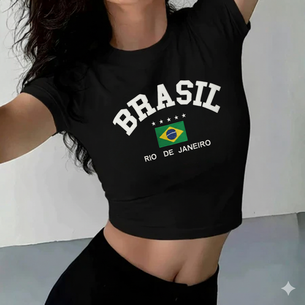 Camisa Cropped Slim Estampado Brasil Rio de Janeiro Copa do Mundo Feminino Moda Verão Branco Preto Azul Marinho