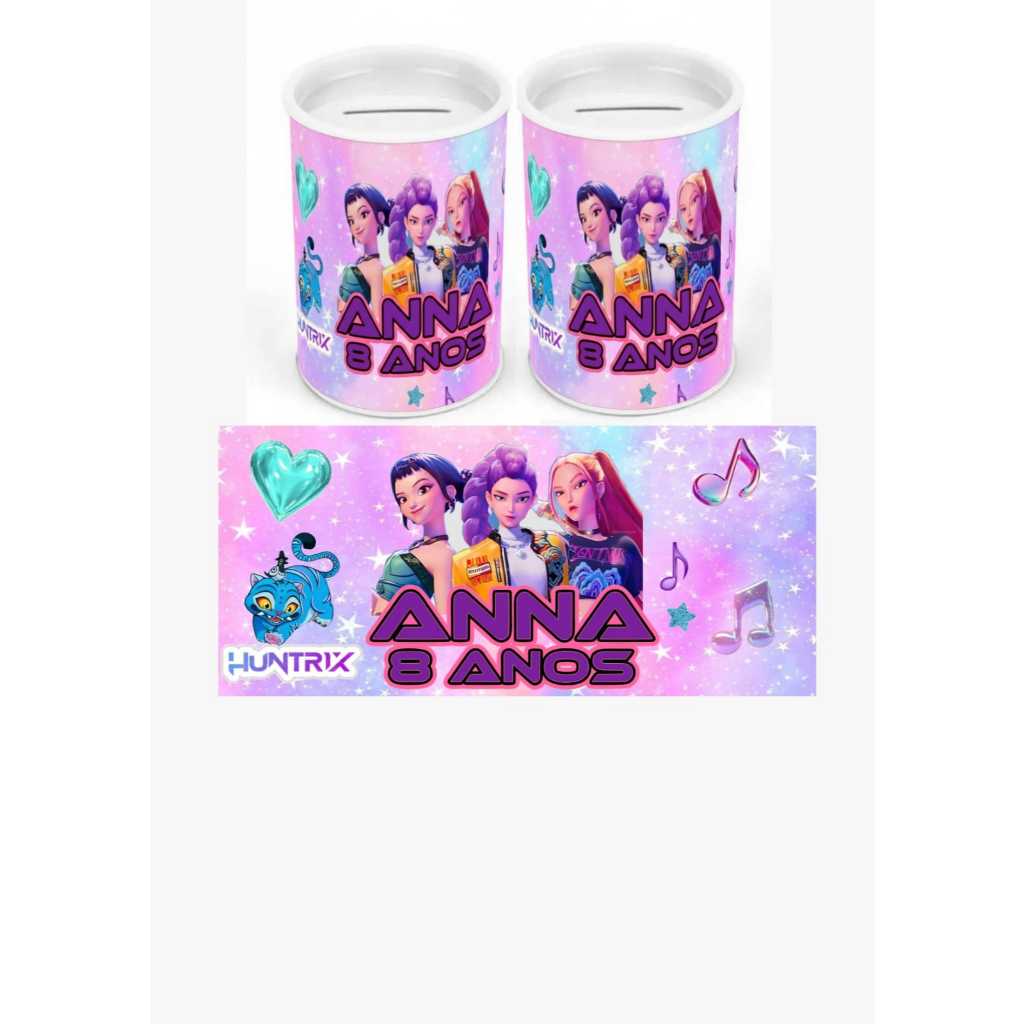 Cofrinho + Rótulo Personalizado Huntrix Guerreiras do K-Pop - Lembrancinha Festa Infantil Aniversário