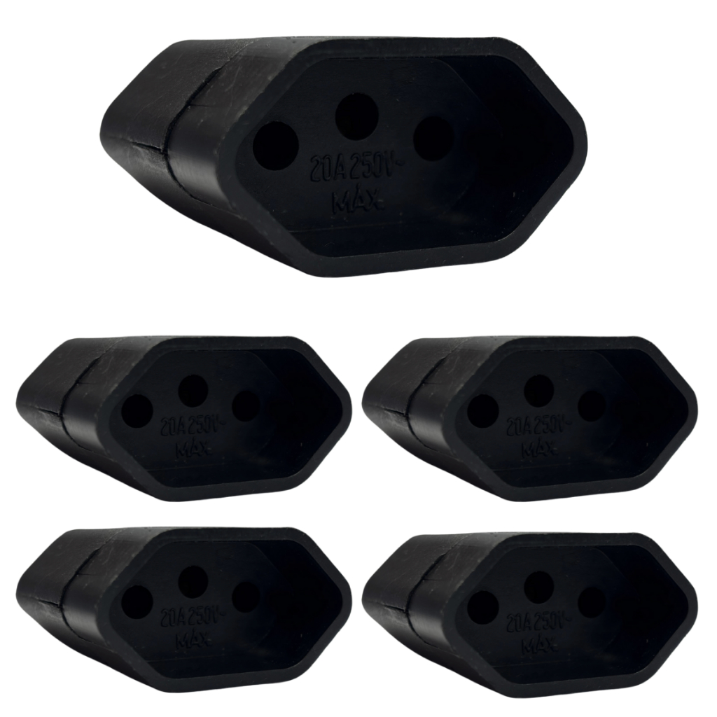 Kit com 5 Tomadas Fêmea 20A Preto 3 Pinos para Extensão Elétrica