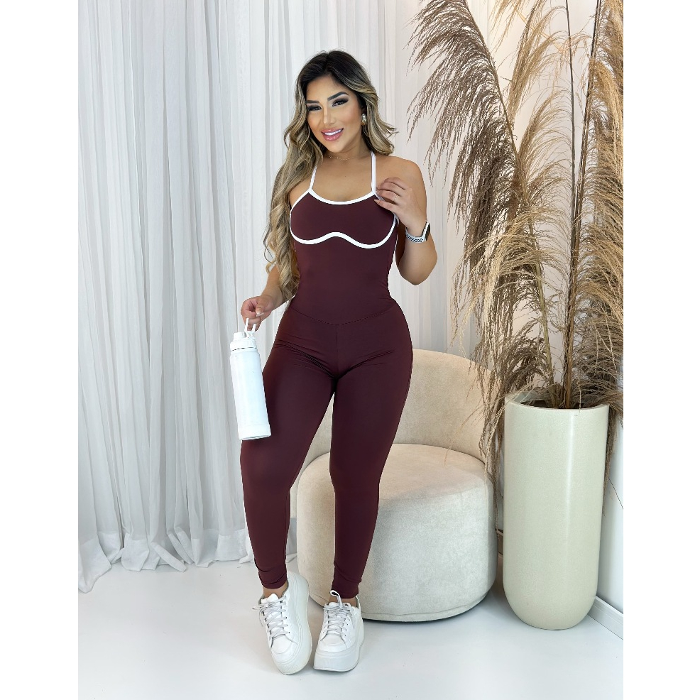 Macacão Longo Leg Academia Com Empina Bumbum E Bojo Removível Alça branca Zero Transparência Fitness