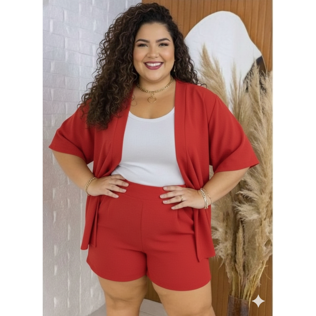 Conjunto Plus Size Kimono + Short Feminino Tecido Plano | Elegante | Tamanho XG (46 ao 50)