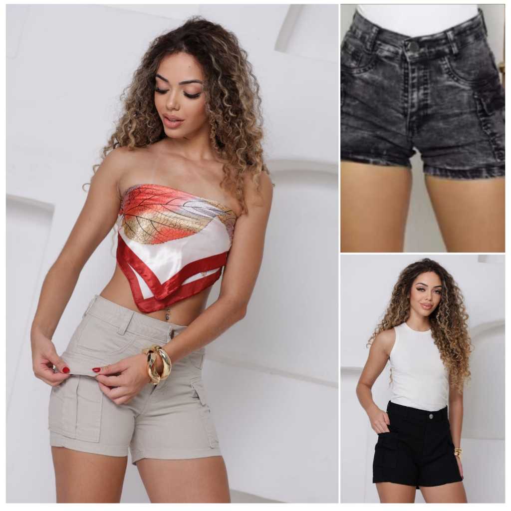 short linha premium jeans Cargo feminina cor grafite moda estilo blogueira com elastano 3%