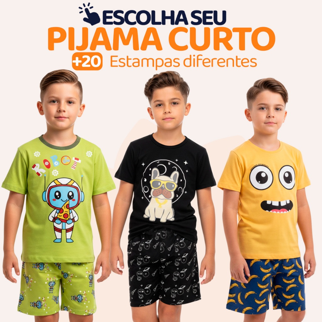 Pijama Curto Menino Infantil Confortavel com Estampas Divertidas Pijama Verão Infantil para Menino do 1 ao 10 l05