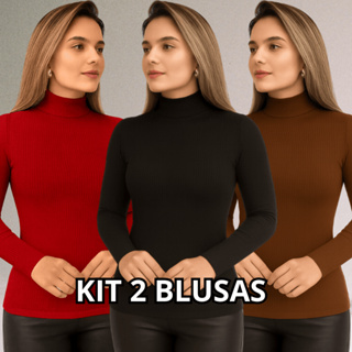 KIT 2 Blusa Feminina Manga Longa Gola Alta Canelado Cacharrel  Premium Inverno Casual em Oferta na Shopee