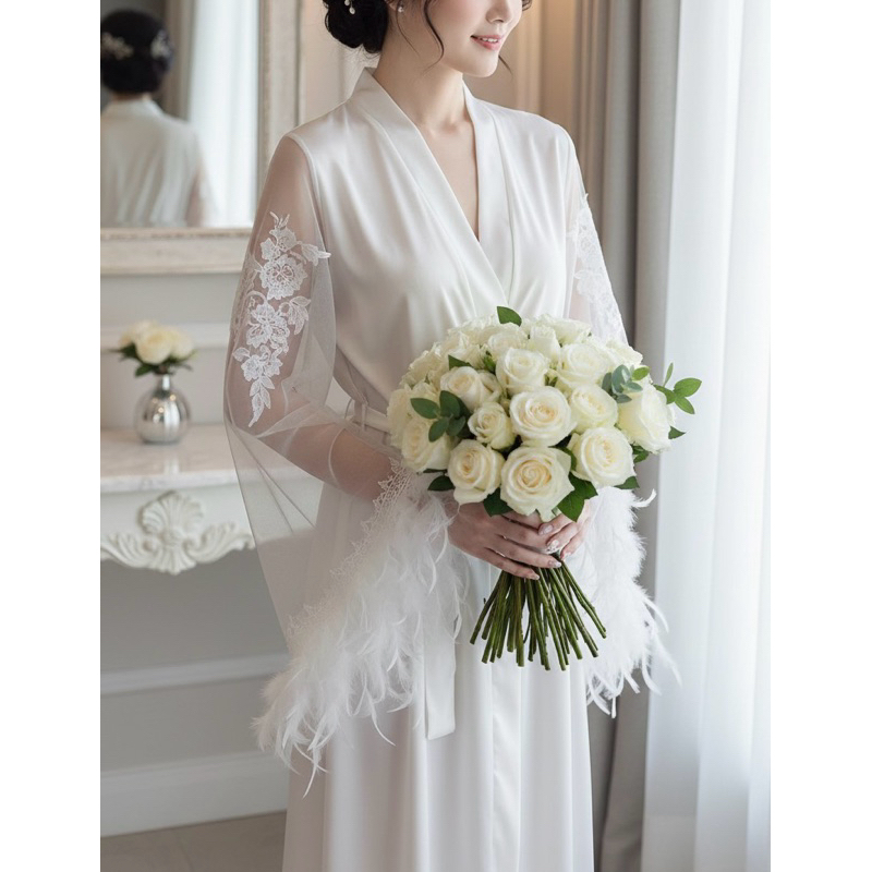 Robe Roupão de Noiva Luxo Com Plumas e Fluffy