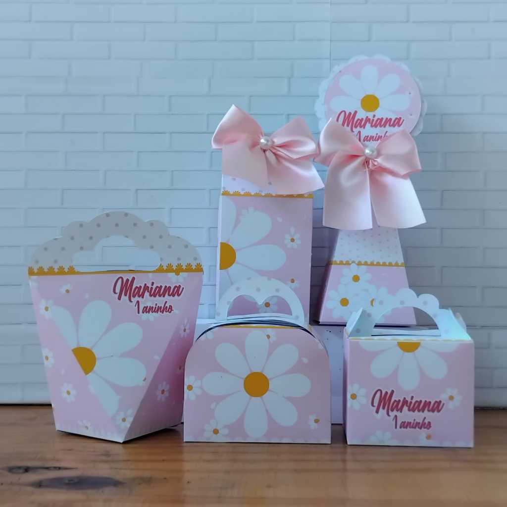 Kit Festa Infantil Personalizado Caixinhas Lembrancinhas Aniversário MARGARIDAS ROSA- PEGUE E MONTE