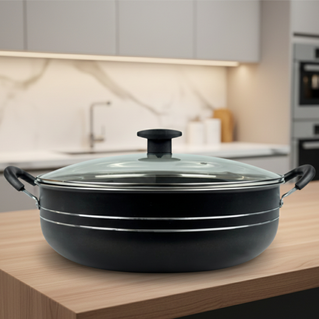 Panela Antiaderente com Tampa de Vidro 30cm Robusta WOK Alça Caçarola Silver Lines Qualidade Premium em Oferta na Shopee