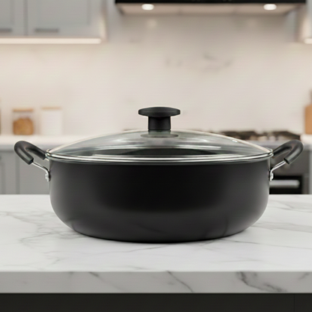 Panela Grande Frigideira Antiaderente 5,9L WOK Caçarola c/ Tampa de Vidro Teflon 30cm