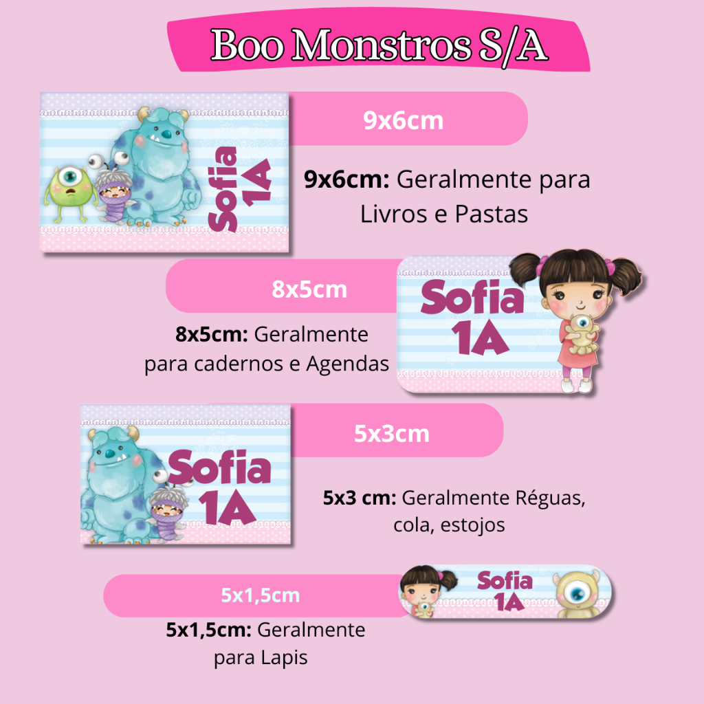 ETIQUETA ADESIVO ESCOLAR BOO MOSTROS S/A PERSONALIZAMOS VARIOS TEMAS