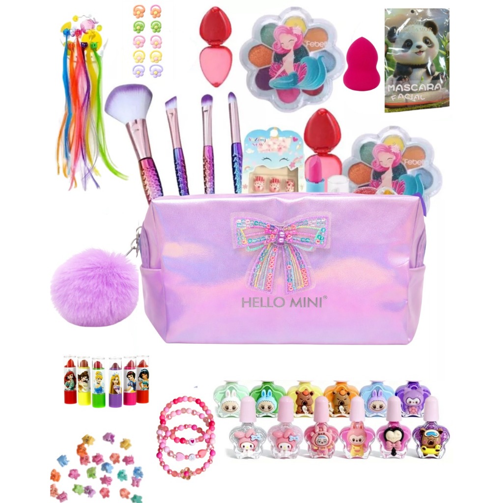 kit Maquiagem de criança Infantil 11 itens completo sombras necessaire batom pinceis