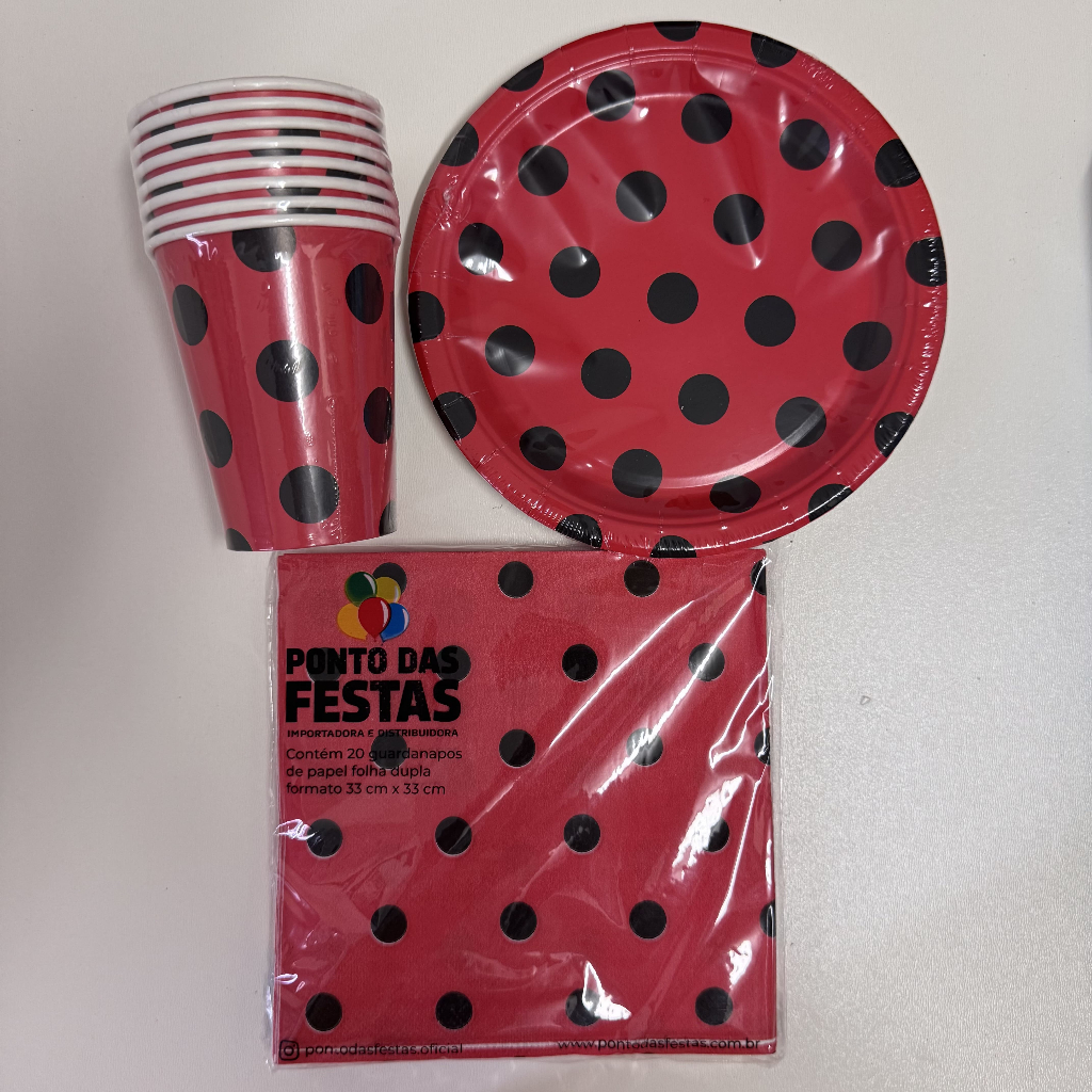 Kit Festa Joaninha Lady Bug Copo, Prato e Guardanapo 36 Peças - Ponto das Festas