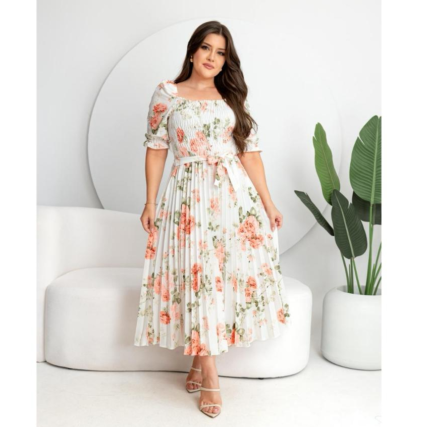 Vestido Midi Plissado Feminino  Manga Curta Bufante Con Elástex com Estampa Floral em Oferta na Shopee