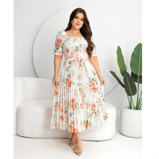 Vestido Midi Plissado Feminino  Manga Curta Bufante Con Elástex com Estampa Floral em Oferta na Shopee