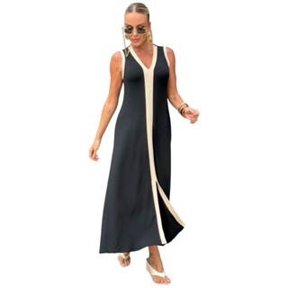 Vestido Midi Feminino em Moletinho com Decote V e Vivo Contrastante em Oferta na Shopee
