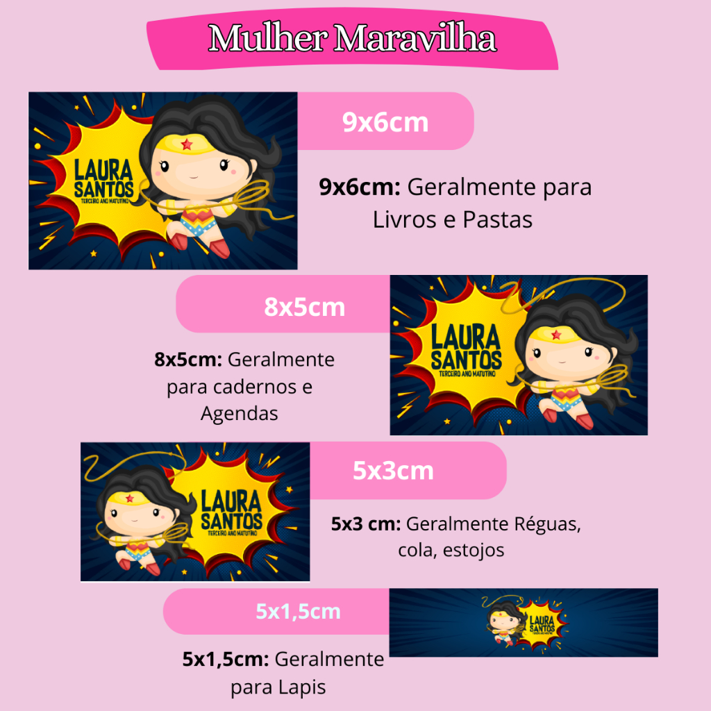ETIQUETA ADESIVO ESCOLAR MULHER MARAVILHA  PERSONALIZAMOS VARIOS TEMAS
