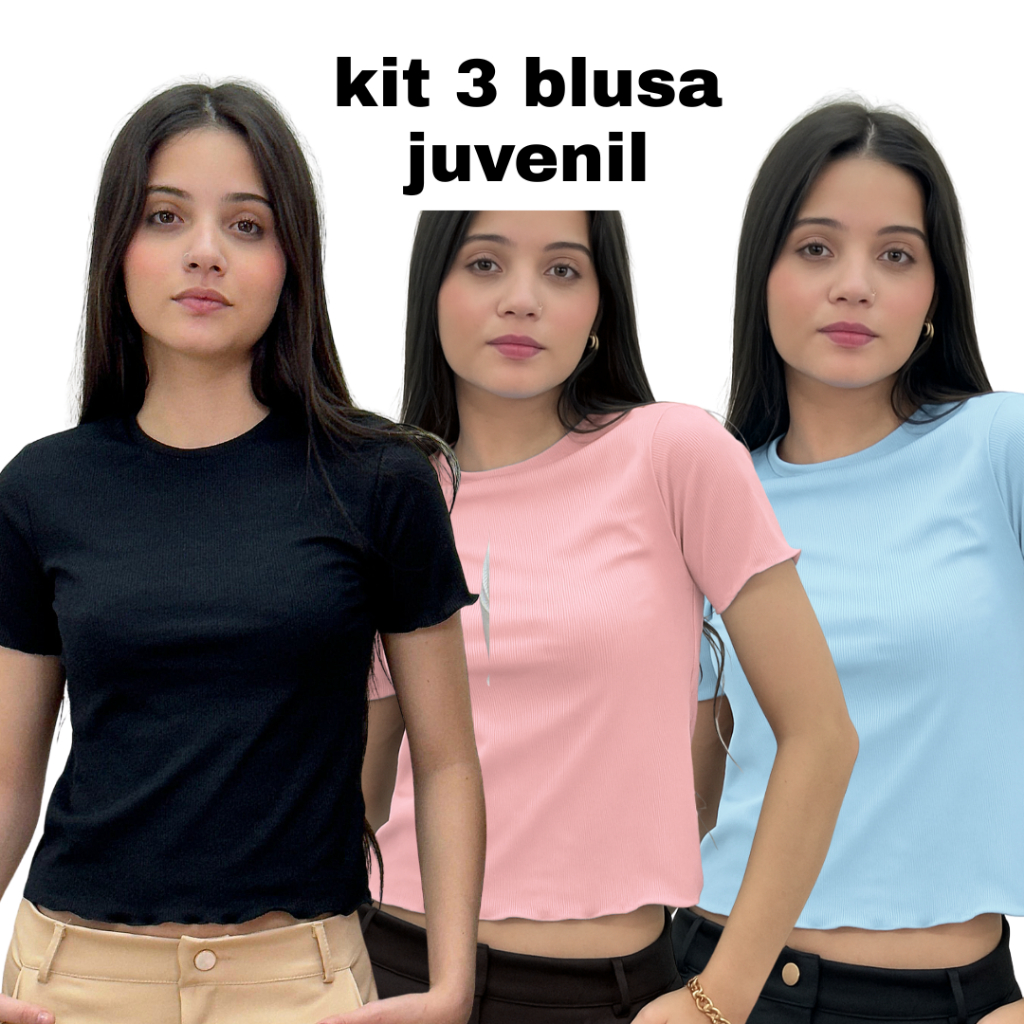 Kit 3 T-Shirt Juvenil Feminina Ribana Canelada Blusa Básica Manga Curta Gola Redonda Casual Infantil Menina 12 14 16