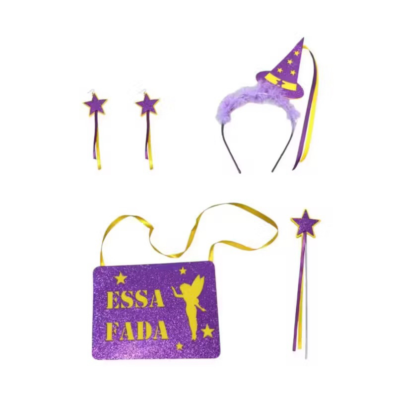 ESSA FADA | KIT BLOQUINHO COMPLETO | TIARA, BRINCOS, VARINHA E PLAQUINHA | CARNAVAL | FANTASIA | 4 PEÇAS | FESTA