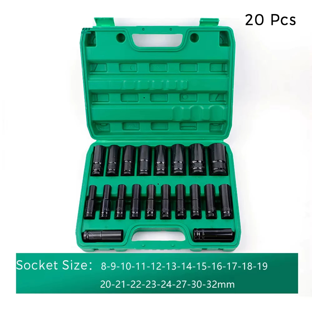 Kit de combinação de soquetes de 1/2" com 20 peças para chaves elétricas de 8-32 mm, vem com uma caixa de ferramentas