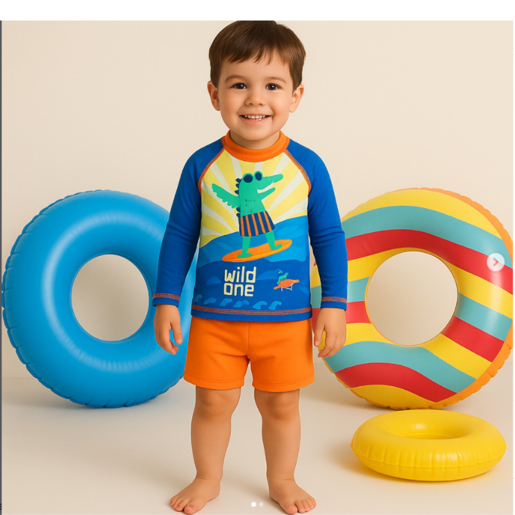 Conjunto Roupa de Banho Menino Praia Piscina Natação Verão Blusa + Sunga Com Proteção Solar Uv 50+