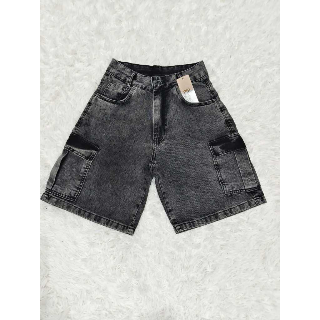 Bermuda jeans feminina cargo de wide leg de cintura alta em Oferta na Shopee