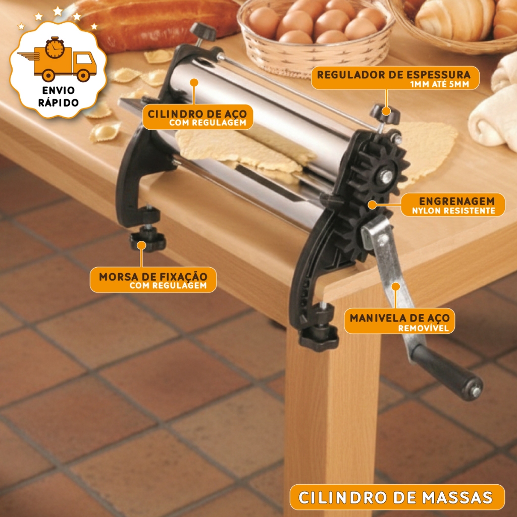 Cilindro De Massas Cromado Manual Antiaderente Rolo Máquina Macarrão Lasanha Regulador Mirella Malta em Oferta na Shopee