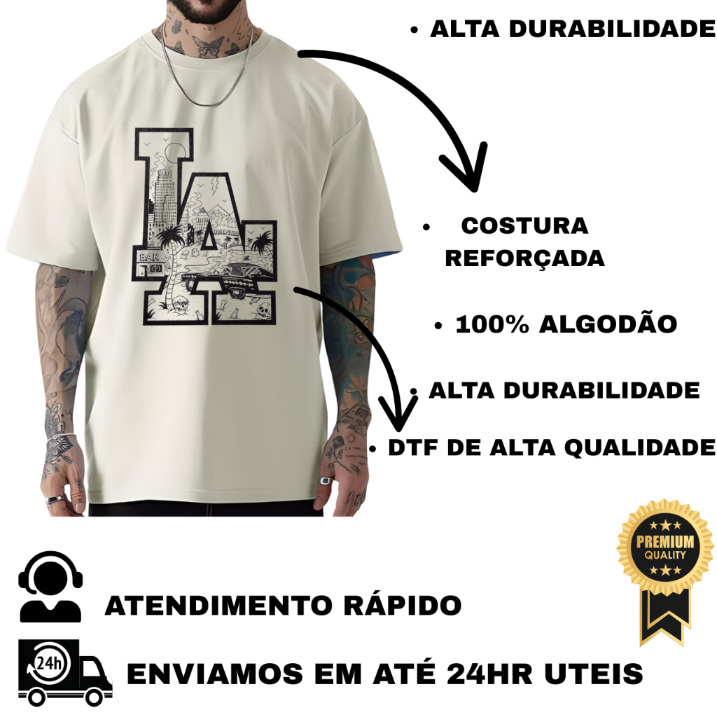 Camiseta Streetwear Oversized L.A Los Angeles California Camisa 100% Algodão Premium P ao GG Moda