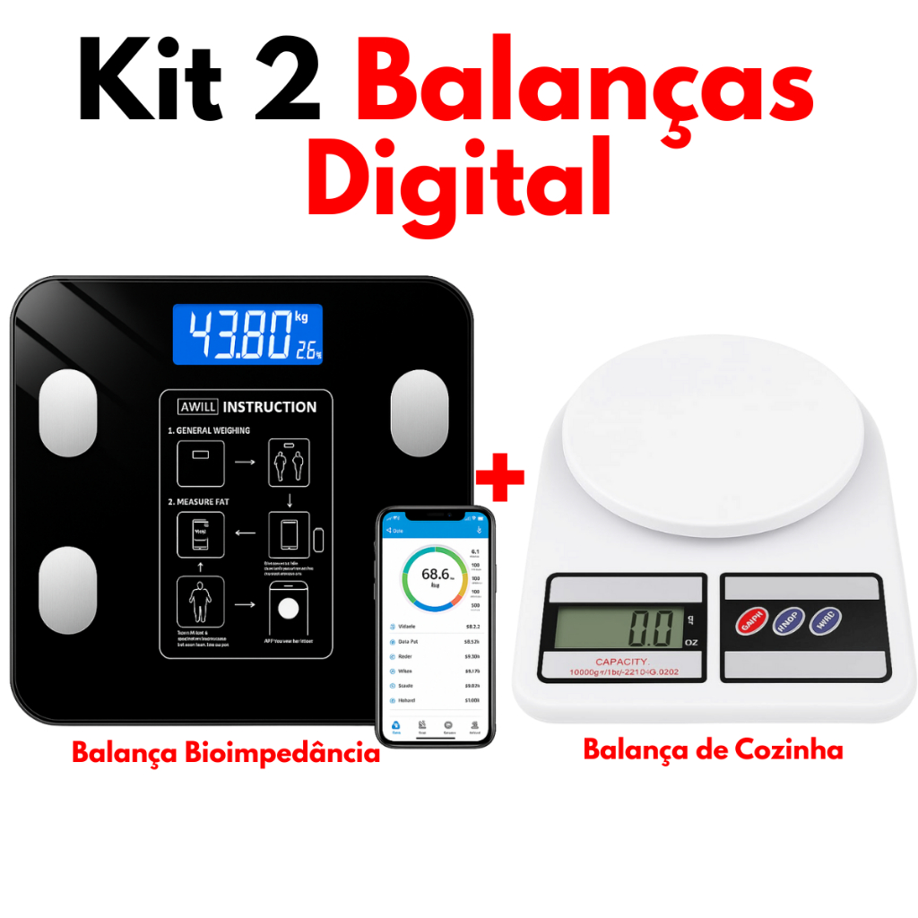 Kit 2 Balanças Digital Alta precisão Vidro temperado Dieta Fitness