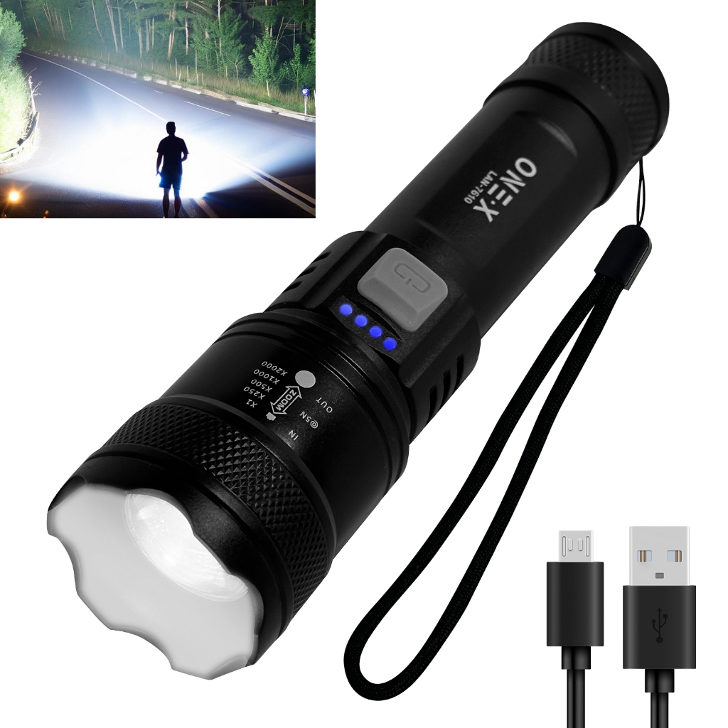 Lanterna Tática Recarregável Onex Lan 7610 LED P50 1200 Lúmens Zoom USB Super Potente 100 Modos IP65 de litio 18650