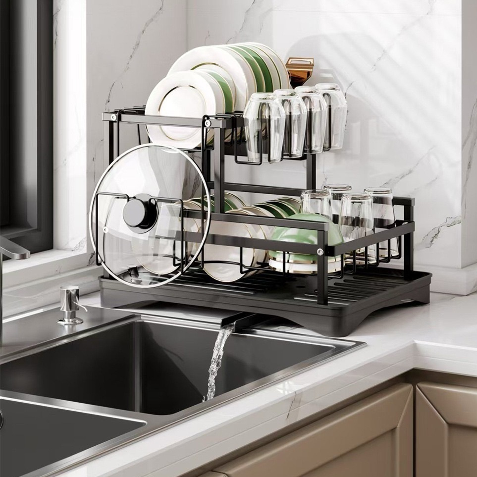 Escorredor de Louças Preto em Aço Carbono - Organizador de Cozinha, Rack para Pratos e Copos, Dreno e Secagem