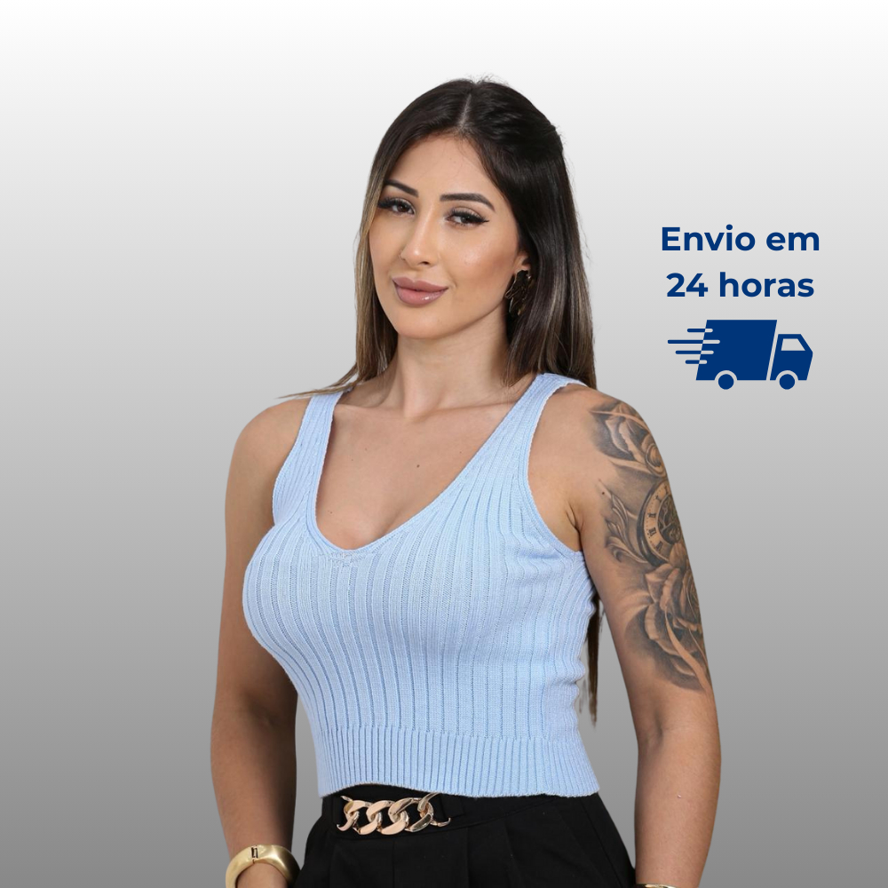 Blusa Regata Feminina Canelado Regatinha Basica Cropped Trico Verão Decote V Modal Feminino