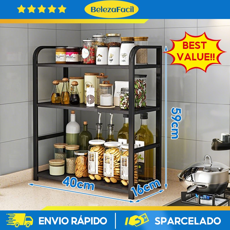 prateleira organizadora Prateleira para condimentos prateleira de cozinha, estrutura de madeira +aço à prova de ferrugem