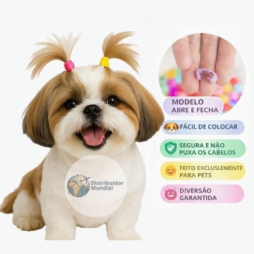 Kit 120 Prendedor Pelo Pet Colorido Abre e Fecha Acessórios Banho e Tosa Elástico Xuxinha Laço Shitzu Moda Penteado Cães