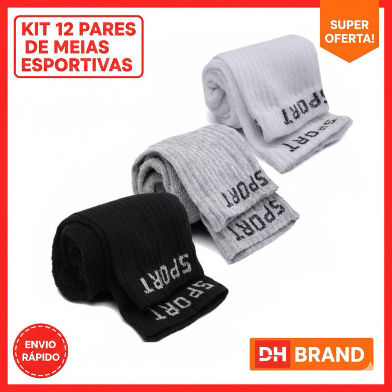 Kit 3 a 12 Pares de Meias Cano Alto Sport Masculina Algodão Sortidas em Oferta na Shopee