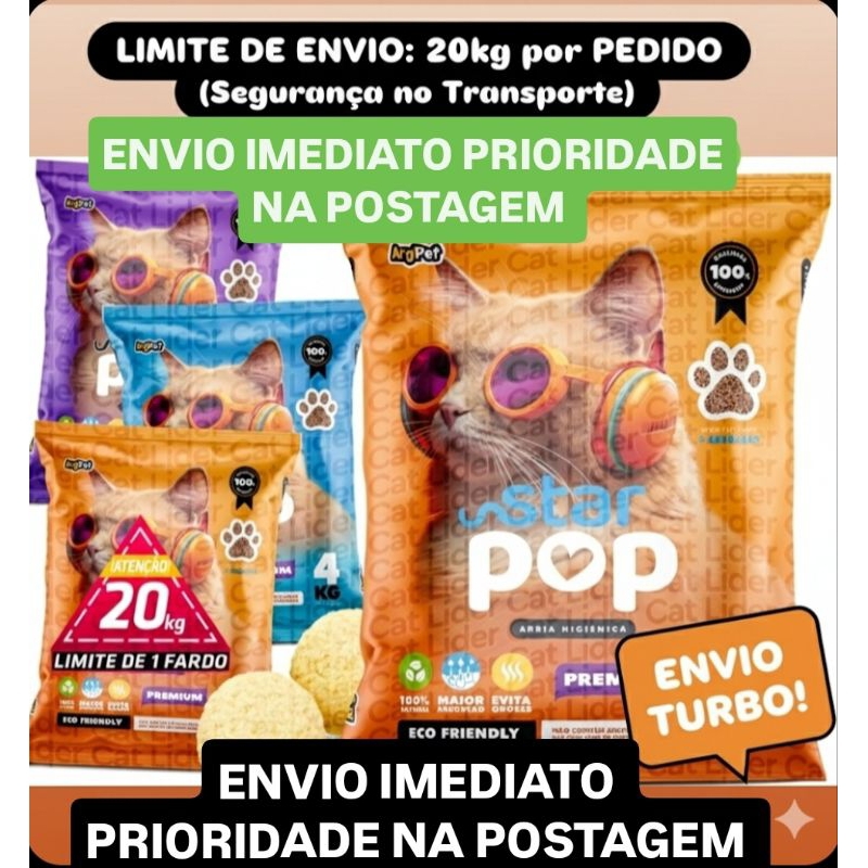 Areia Higiênica Biodegradável para Gatos Star Pop 20 kg Alta Absorção, Grãos Finos Argipet