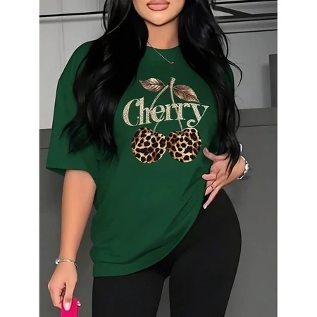 Tshirt Feminina Estilosa Estampada Cereja Oncinha Lançamento Camiseta 100% Algodão Camisetão Camisa Oversized Plus Size