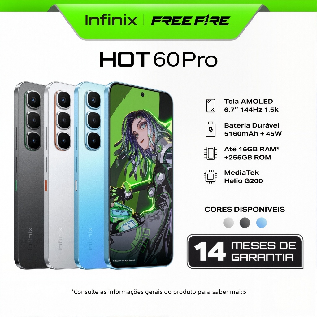 Celular Infinix HOT 60 Pro 256GB/8GB RAM,Fino, potente e com IA,144Hz, 5160mAh e chip Helio G200!