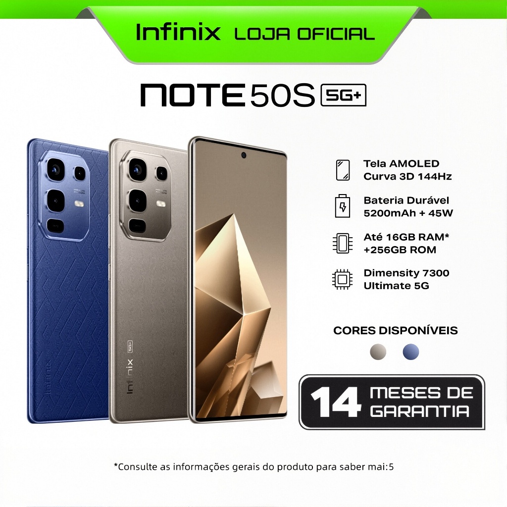 Celular Infinix Note 50S 5G 256GB/8GB RAM, Processador Dimensity 7300 Ultimate, Câmera 64MP, Bateria 5200mAh em Oferta na Shopee
