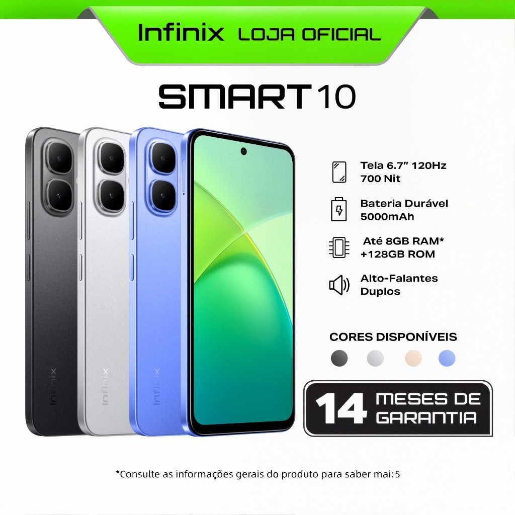 Celular Infinix Smart 10 4.5G, 6.67" 120Hz, 128GB/4GB RAM, Proteção IP64,câmera 24MP, bateria 5000mAh,GPS,Dual SIM