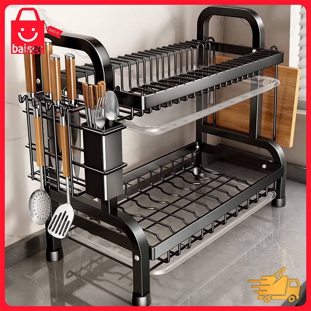 Escorredores multifuncionais duplos e triplos com suportes para pratos, talheres e tábuas de corte.