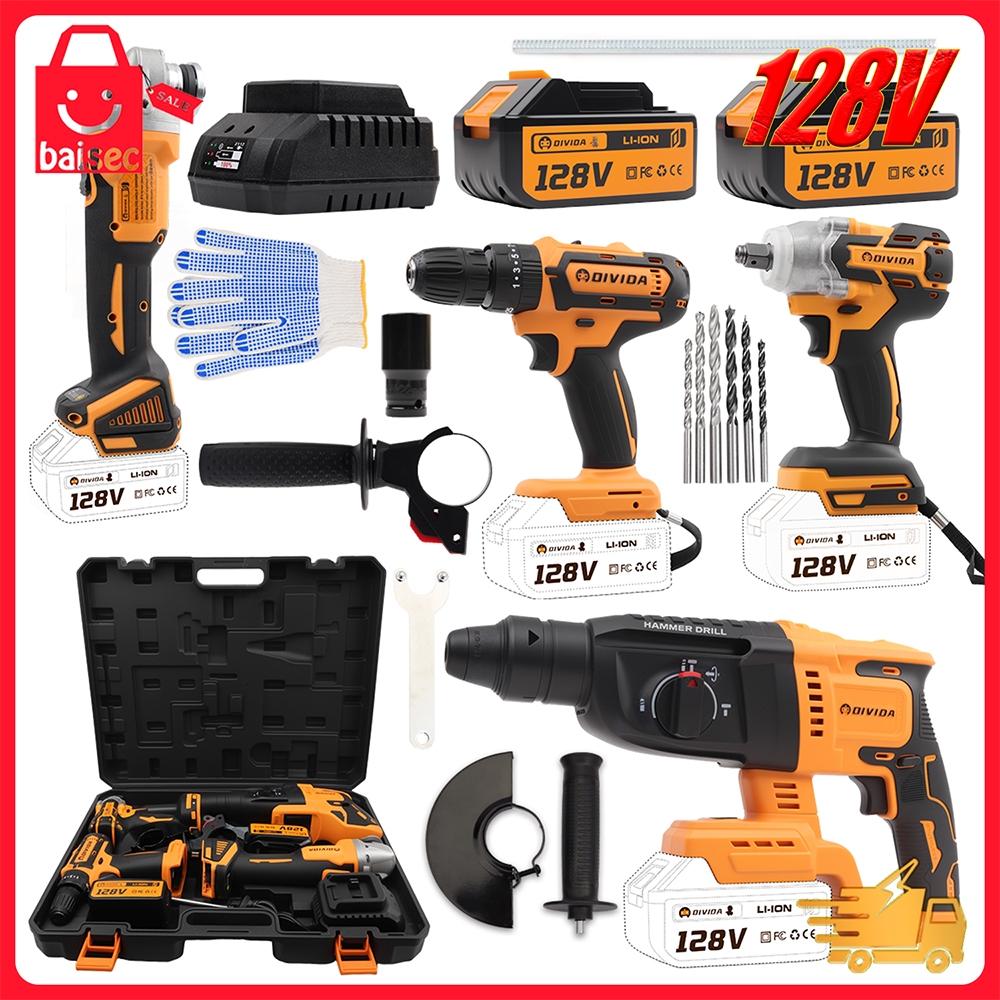 Kit 4 em 1 Ferramentas 128V – Furadeira, Parafusadeira de Impacto, Martelete e Esmerilhadeira com 2 Baterias e Maleta em Oferta na Shopee