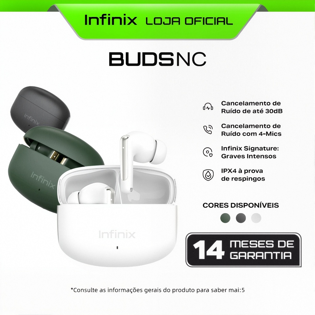 Infinix BUDS NC Bluetooth 5.3, Proteção IPX4, 35h de Reprodução, Cancelamento ANC + PNC em Oferta na Shopee