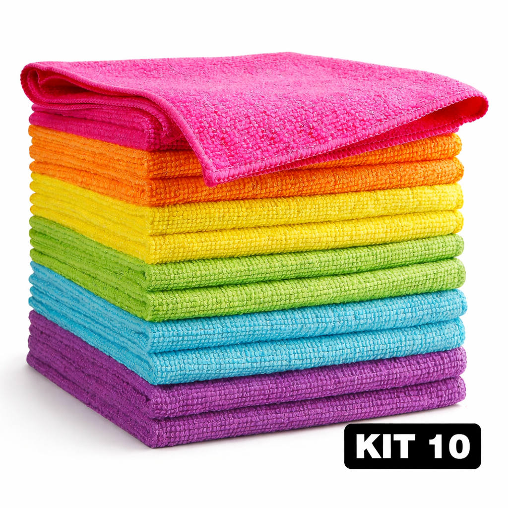 Kit 10 Panos de Limpeza Multiuso 30x30cm Pano para Cozinha Alta Absorção Microfibra