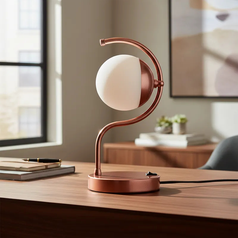luminaria Abajur de Mesa Curvado alumínio Com interruptor bivolt Com Globo Fosco 10cm Com Lâmpada branco quente