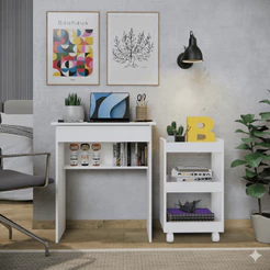 Conjunto Mesinha de Computador Gaveta e Armário para Livros com Rodinha