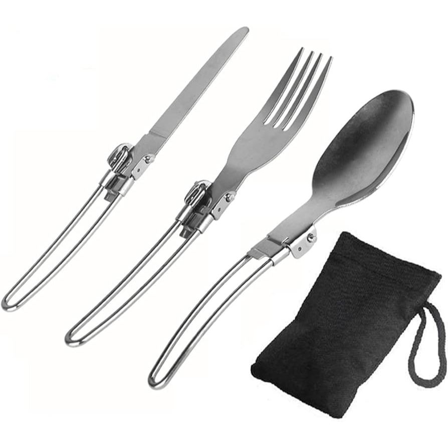 Conjunto de talheres dobráveis de aço inoxidável para camping para viagens, trekking, caminhadas com sacos de armazename