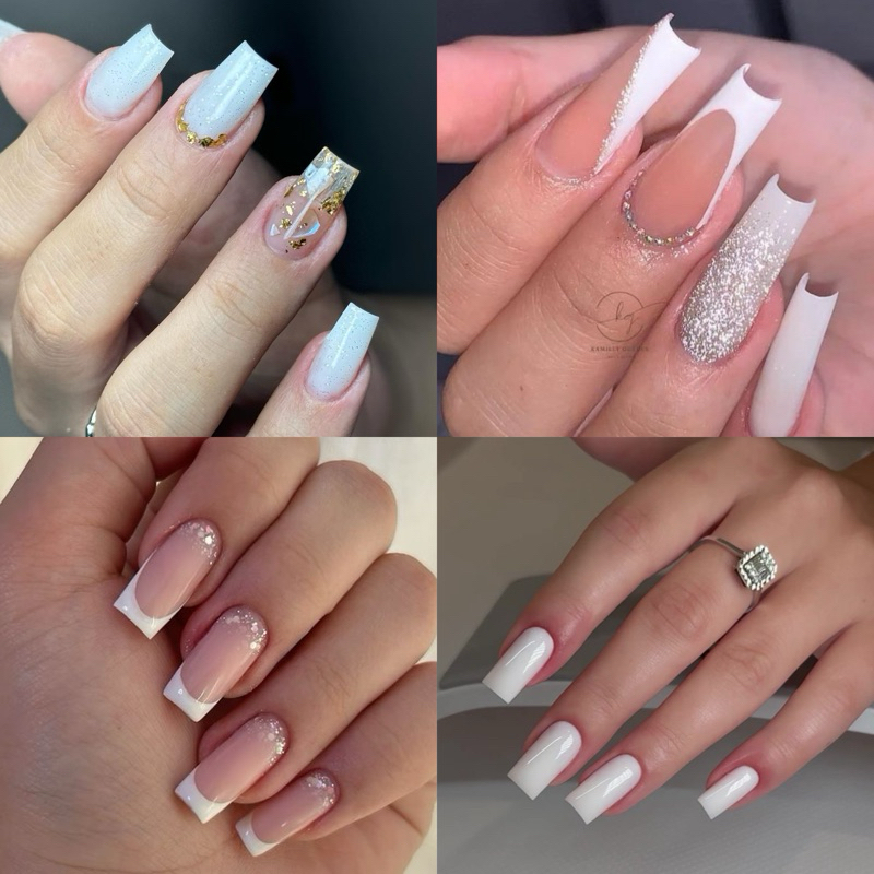 unha postica soft gel VÁRIOS MODELOS artesanal prata branco dourado francesinha quadrada bailarina